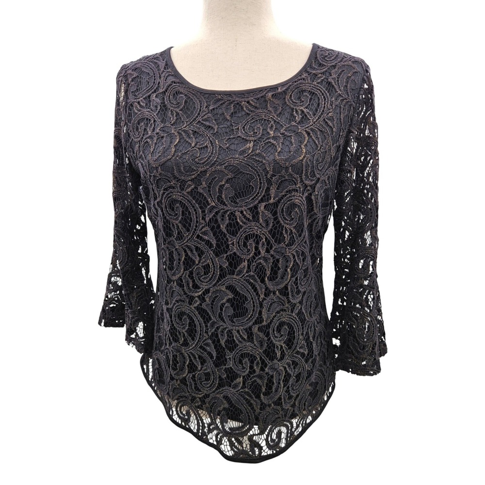 Adrianna Papell Womens Medium Black Gold Metallic Corded Lace Bell Sleeve Blouse